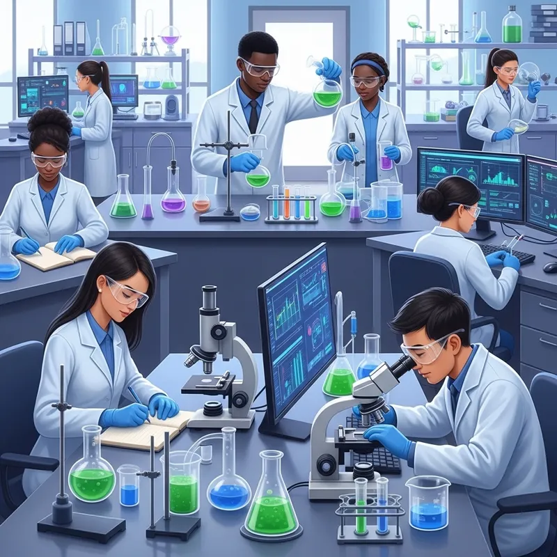 Equipo de científicos diversos realizando investigación en laboratorio moderno
