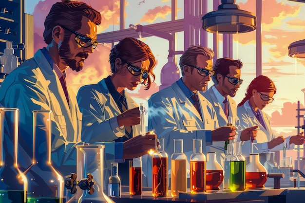 Equipo de científicos en laboratorio con equipamiento moderno