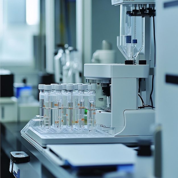 Sistema HPLC close-up con viales de muestra