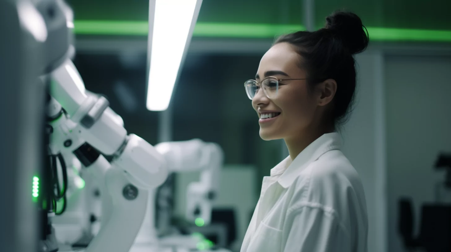 Técnico de laboratorio en capacitación con equipamiento robótico